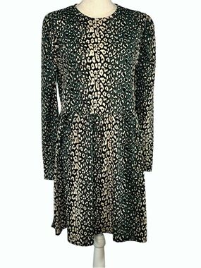 ZARA Teal Cream Cheetah Print Drop Waist Long Sleeve Mini Dress Womens Size M